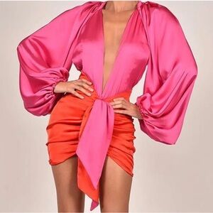 Hot Pink & Red Satin Plunge Tie-Waist Mini Dress | Statement Party Dress | NEW